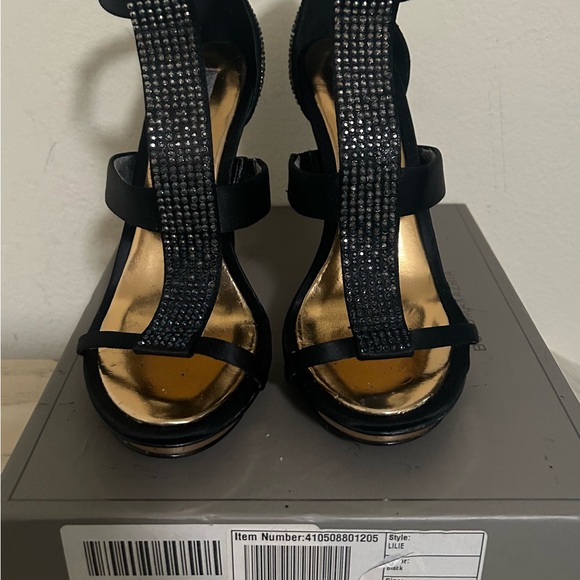 BCBGMaxAzria Lilie black satin crystal stilettos - Picture 3 of 10